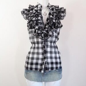 gingham ruffle blouse sheer black white y2k indie sleaze size S